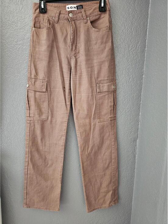 Pants - Women's S.O.N.G Cargo Denim Pants Brown Straight Leg Size 1 / 25 Pockets Zip Fly